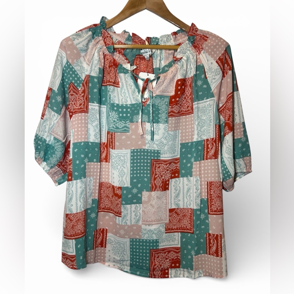 DAVI & DANI Patchwork Tie-Neck Blouse - Teal, Rust & Cream Bandana Print Small